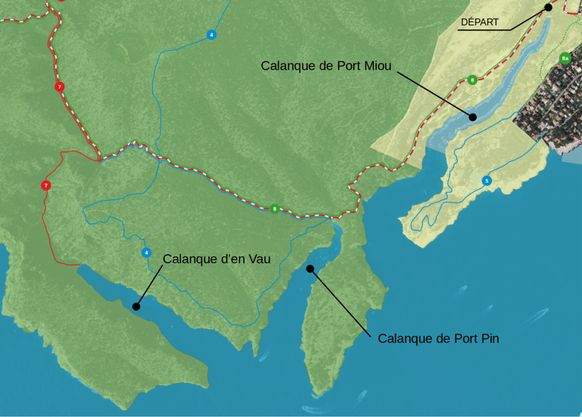 Plan du parc national des Calanques à Cassis dans les Bouches-du-Rhône